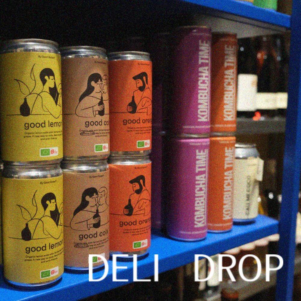 Good Sodas™ cans stacked on the shelf at DeliDrop