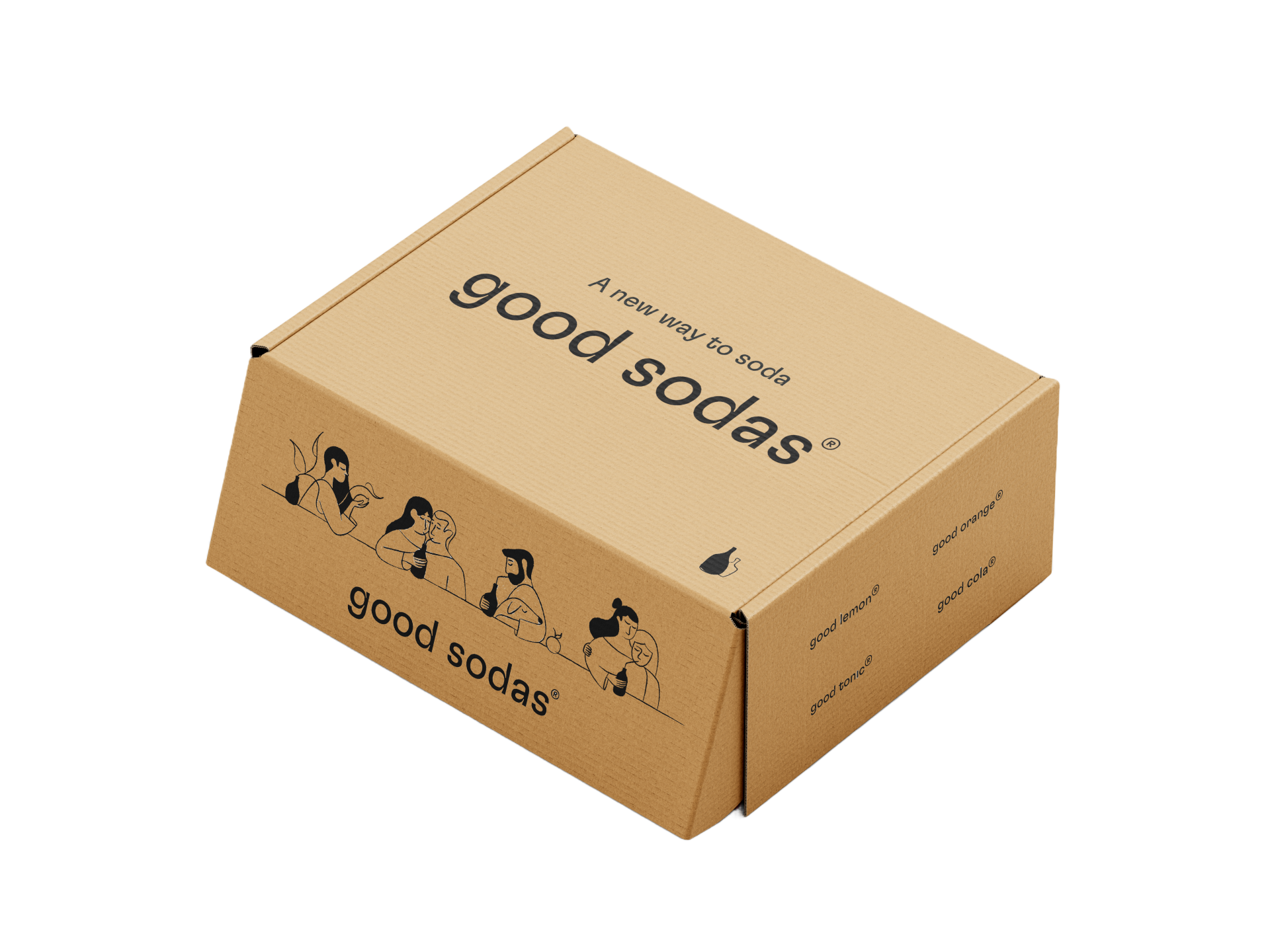 A cardboard box containing organic and fermentet good sodas. On the top it says a "A new way to soda" 