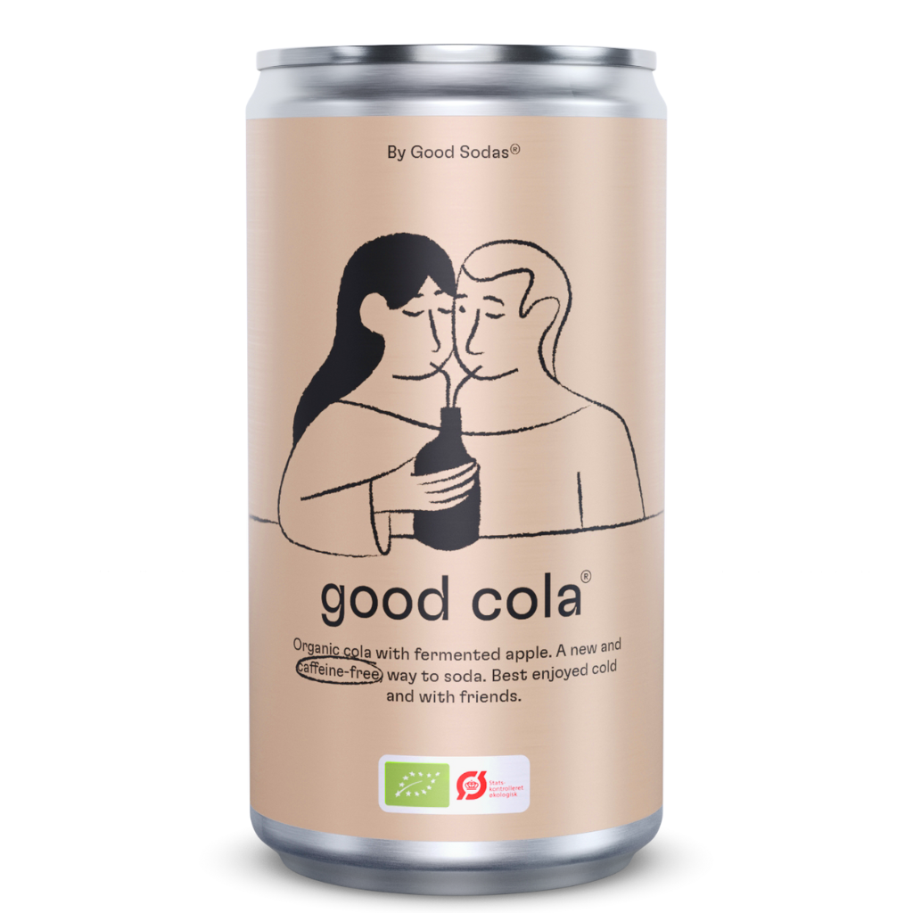the organic and fermented good cola can with a drawing of two people holding a bottle on a beige background