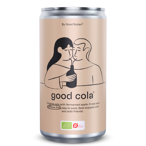 the organic and fermented good cola can with a drawing of two people holding a bottle on a beige background