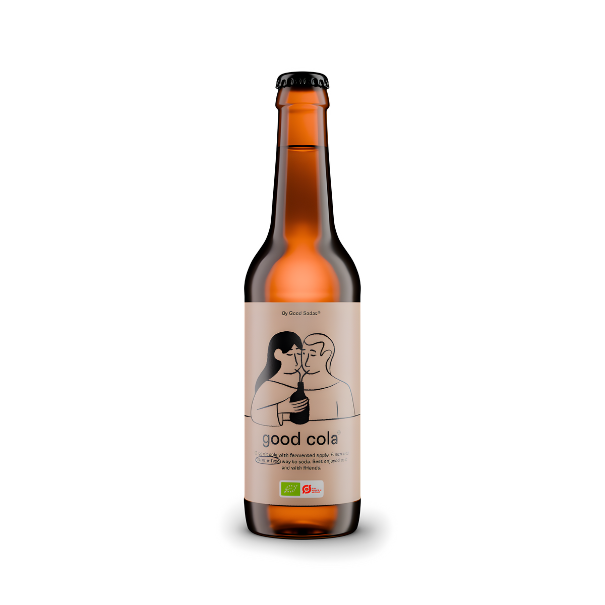 Bottle of 'good cola®' with a beige label. On the label there is a drawing of a man and woman hugging while drinking with a straw from a bottle