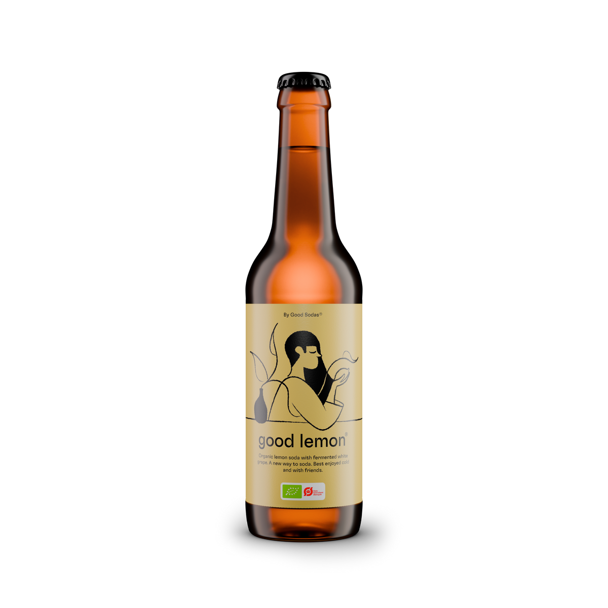 Bottle of fermentet og organic 'good lemon® with a yellow label. On the label there is a drawing of a woman holding a lemon