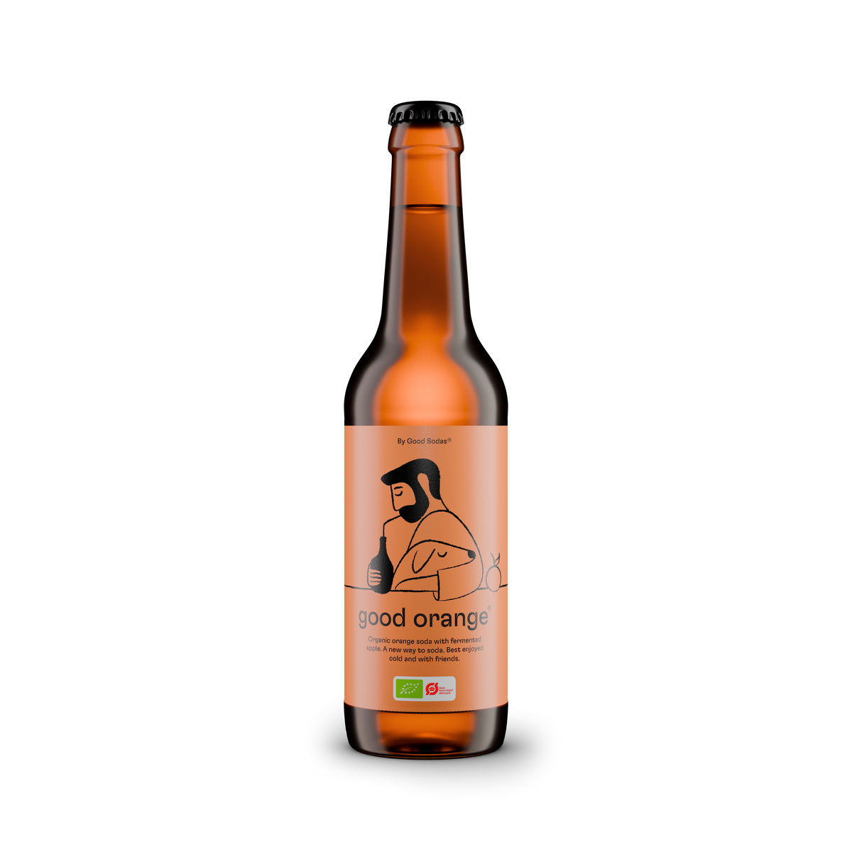 Bottle of good orange® organic and fermentet soda with a label featuring a drawing of a dog and man hugging while the man is sipping soda from a straw