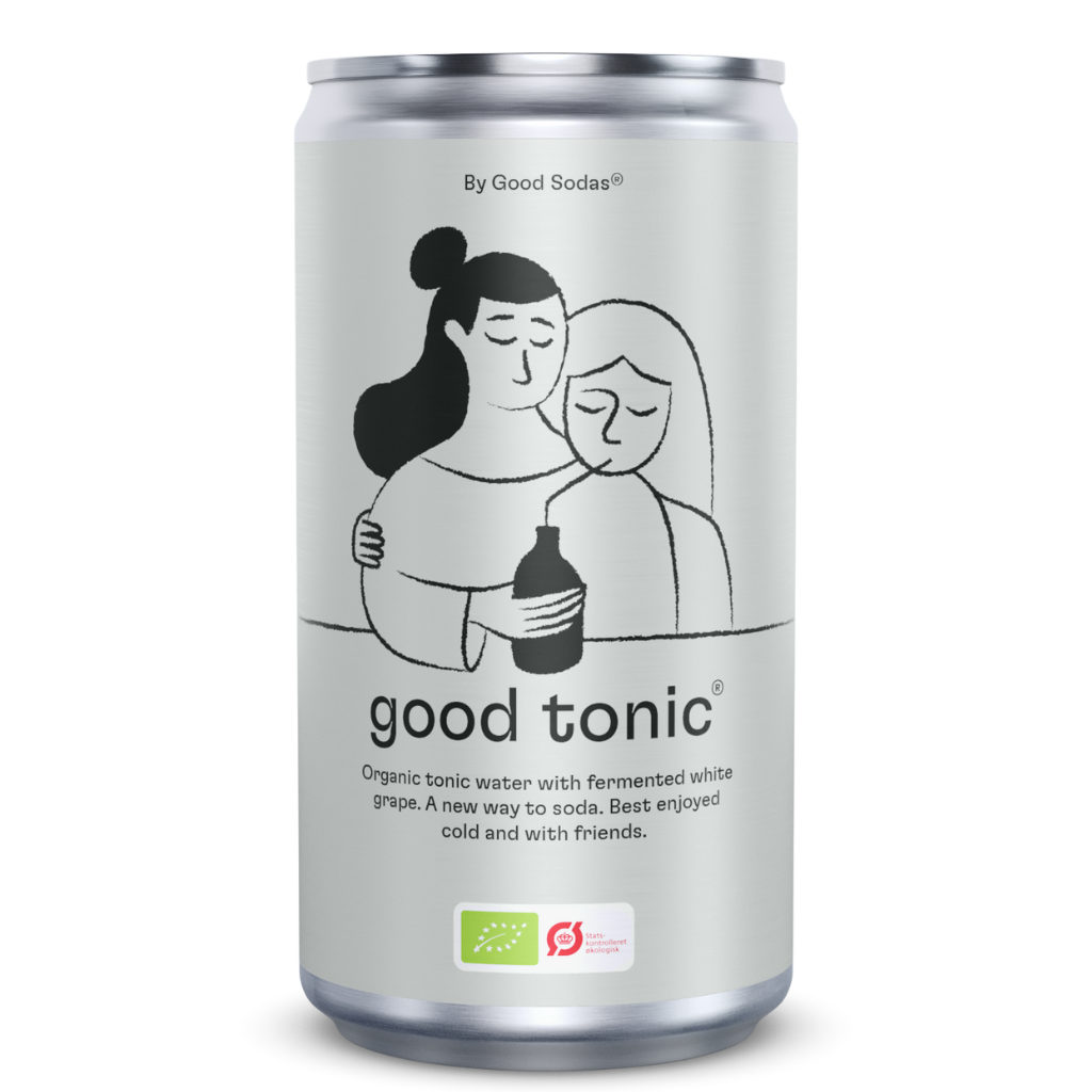 Good Tonic by Good Sodas - Organic tonic water perfect for gin and tonic. Silver can featuring an illustration of two women hugging