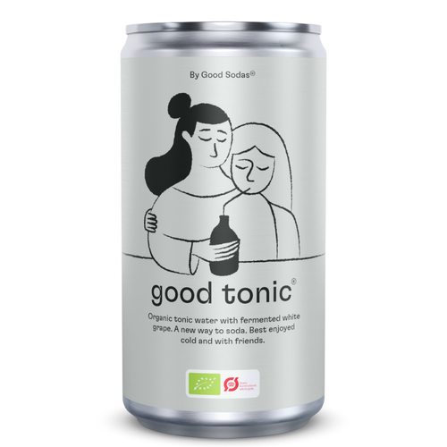 Good Tonic by Good Sodas - Organic tonic water perfect for gin and tonic. Silver can featuring an illustration of two women hugging