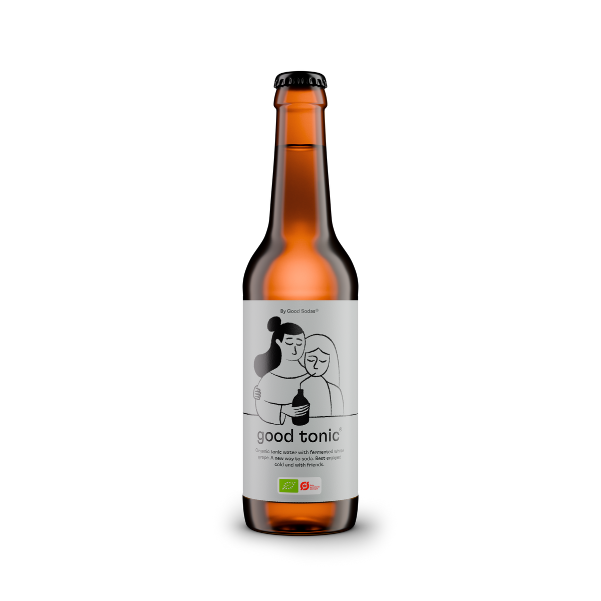 Bottle of good tonic® organic and fermentet tonic with a label featuring a drawing of a two men hugging, one of them drinking good soda from a straw