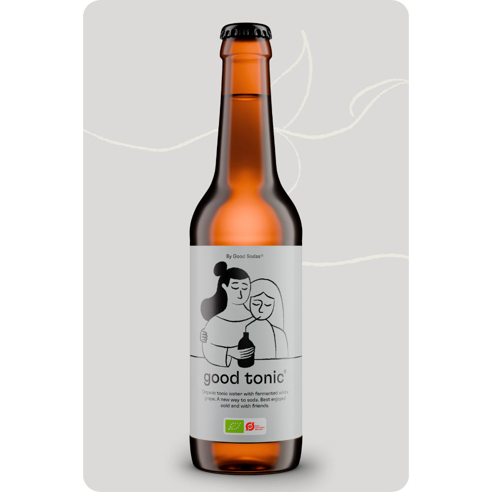 A bottle of good tonic, which is a fermented, organic and reduced sugar mixer, on an ash background.