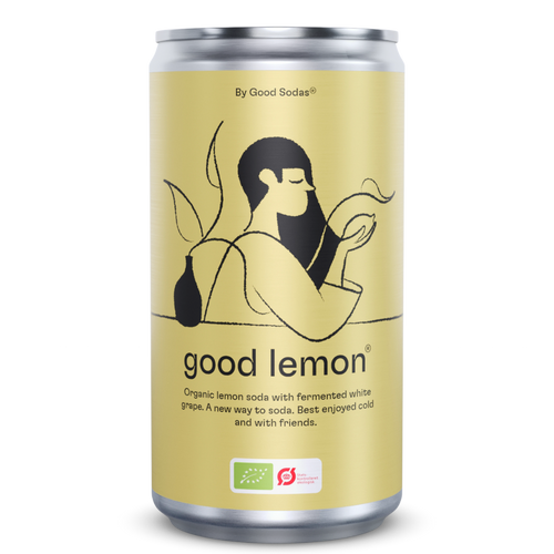 Good Lemon soda, an organic fermented lemon soft drink. Yellow-green can featuring a drawing of a woman holding a lemon