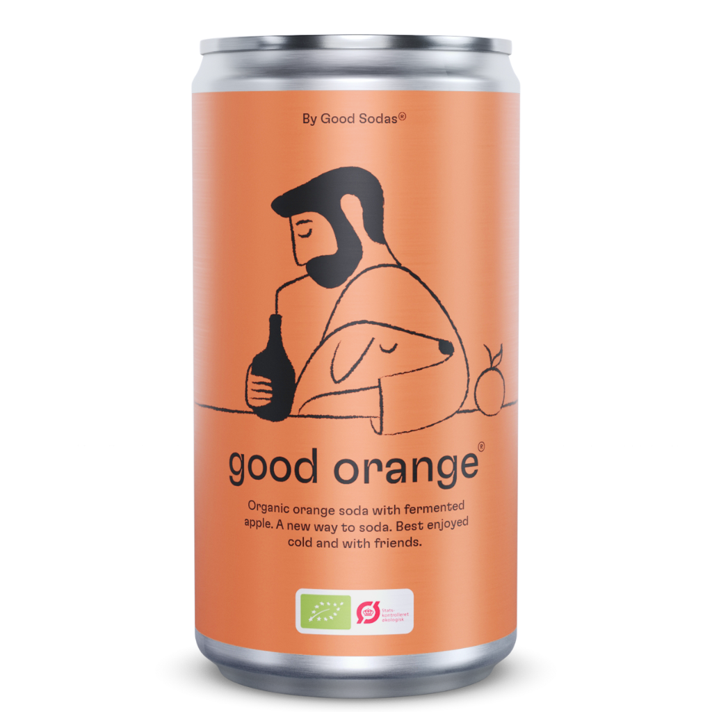 Good Orange soda, an organic fermented orange soft drink. An Orange can with a drawing of man drinking from a straw and hugging a dog