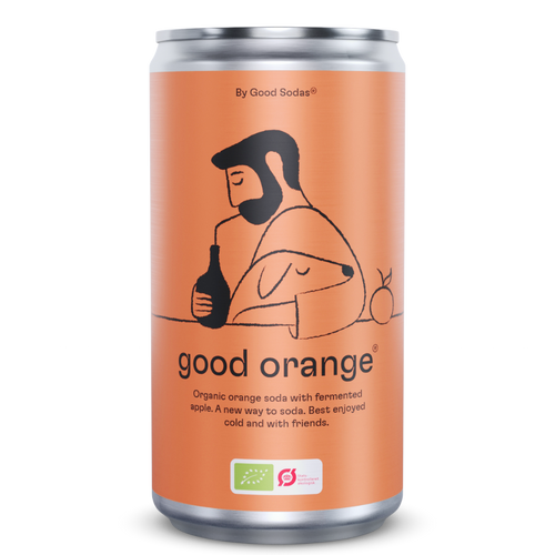 Good Orange soda, an organic fermented orange soft drink. An Orange can with a drawing of man drinking from a straw and hugging a dog