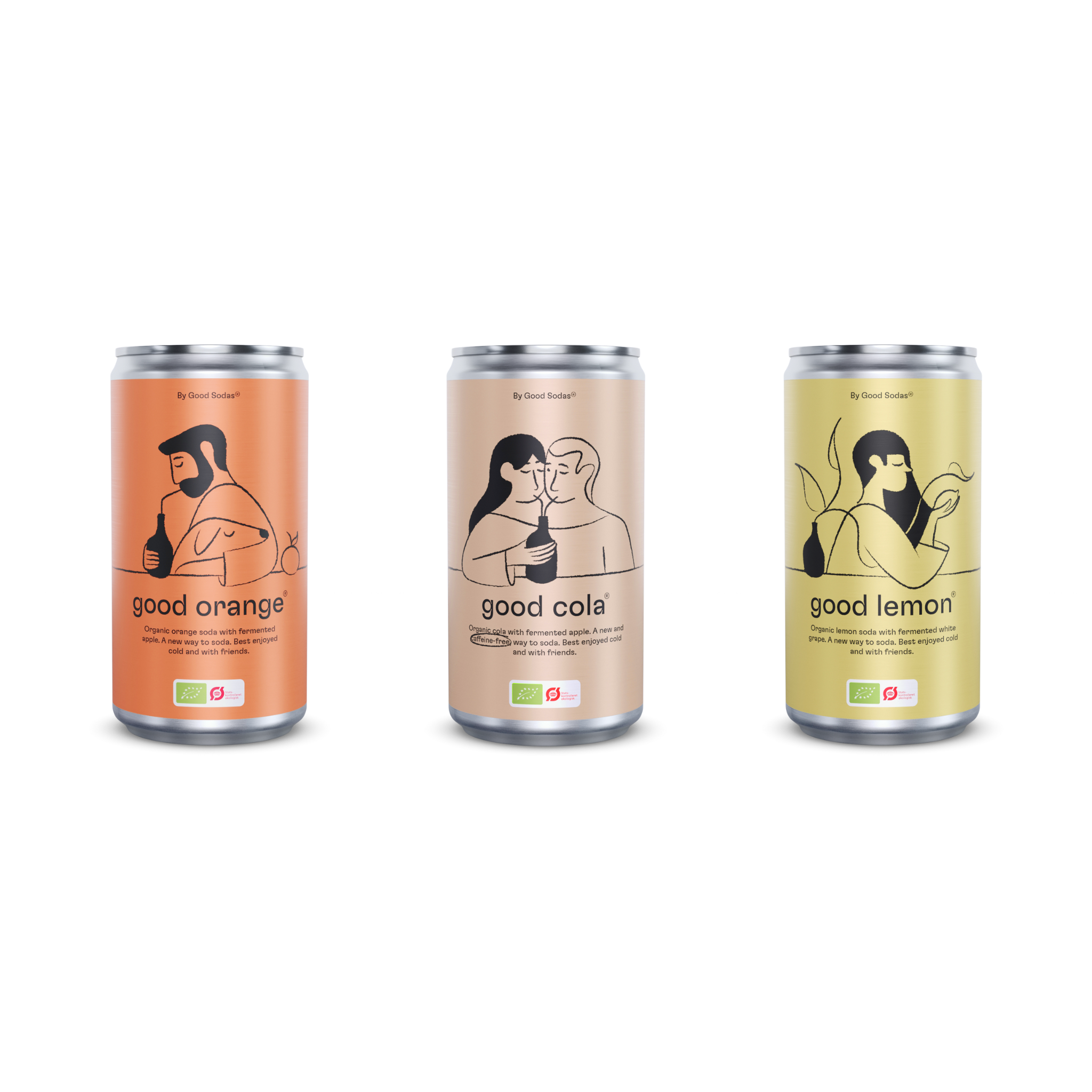 Three of good sodas® sodas. Good orange® good cola® and good lemon®